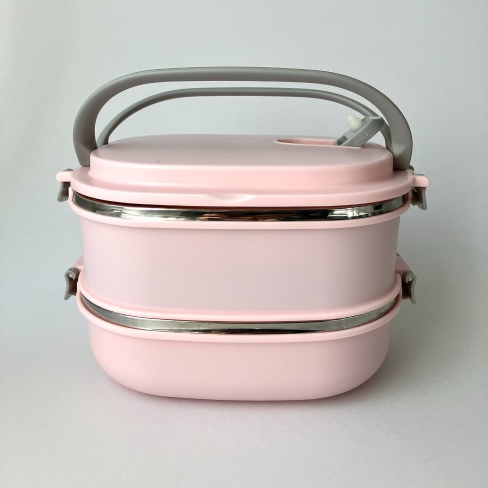 2-Tier Bento Lunch Box Dual-Handled Food Storage Container Stainless Steel